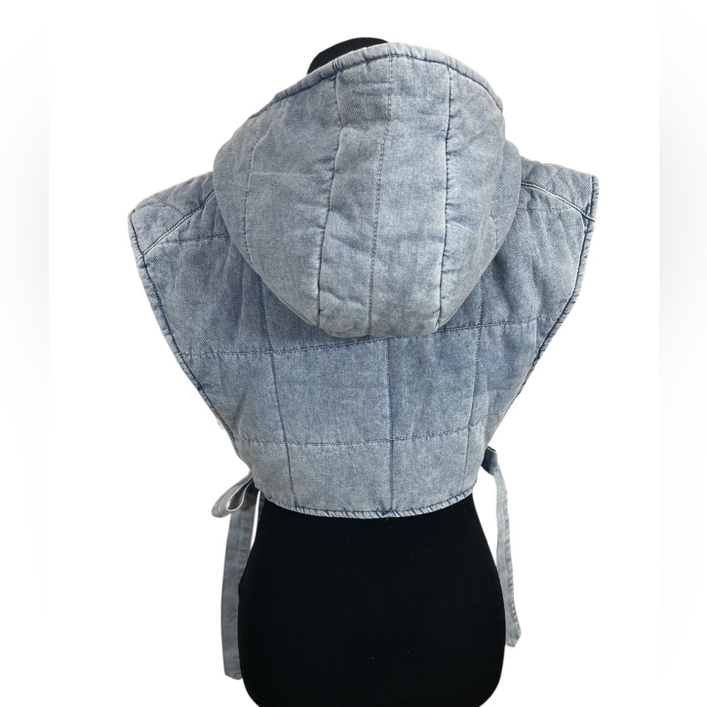 Baddie Quilted Cropped Hooded Denim Side Tie Full Zip Sleeveless Jacket Vest - Picture 4 of 4